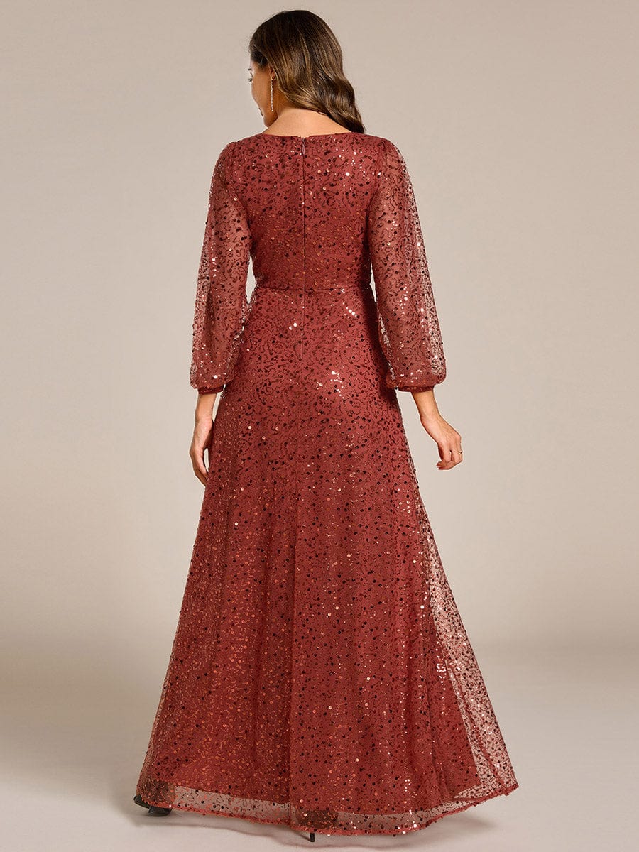 V-Neck Lantern Long Sleeve Sequin A-Line Evening Dress #color_Burnt Orange