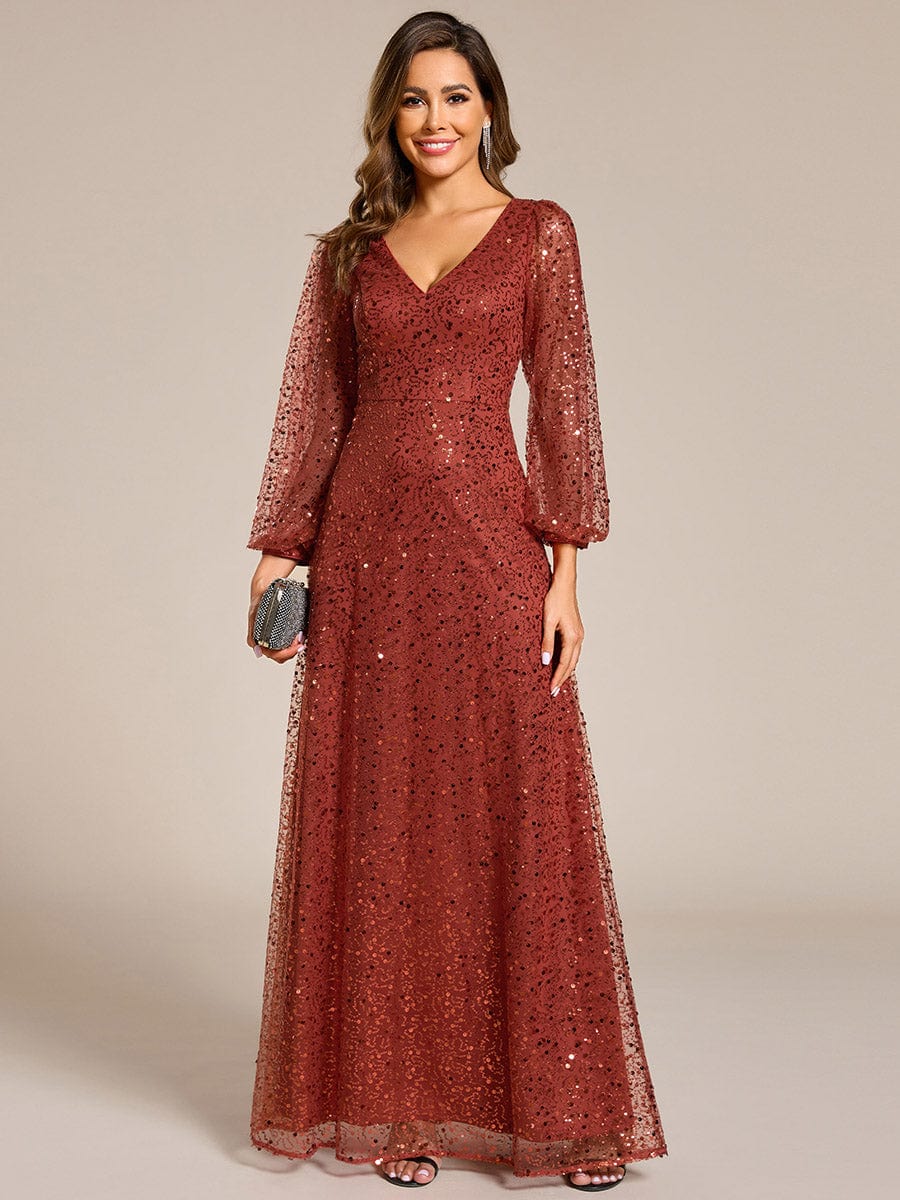 V-Neck Lantern Long Sleeve Sequin A-Line Evening Dress #color_Burnt Orange