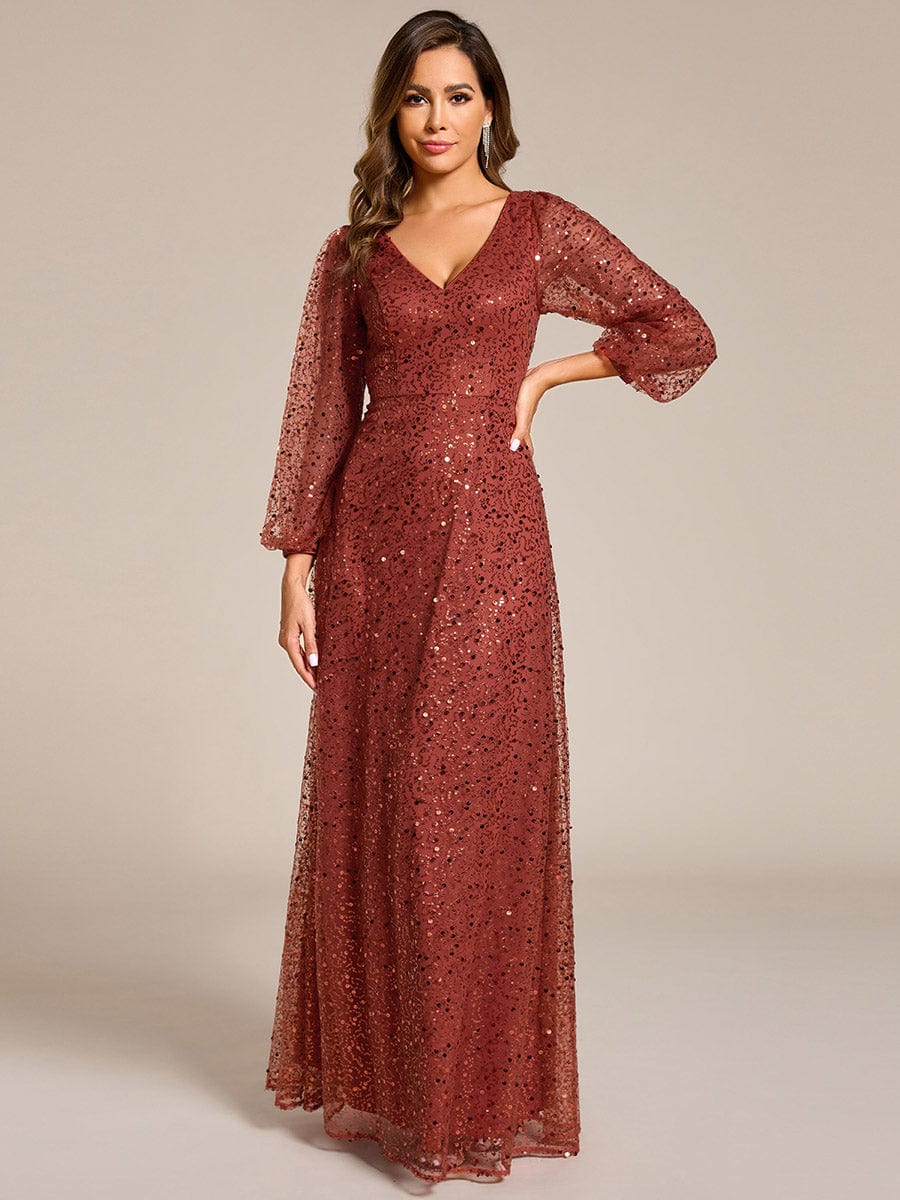 V-Neck Lantern Long Sleeve Sequin A-Line Evening Dress #color_Burnt Orange