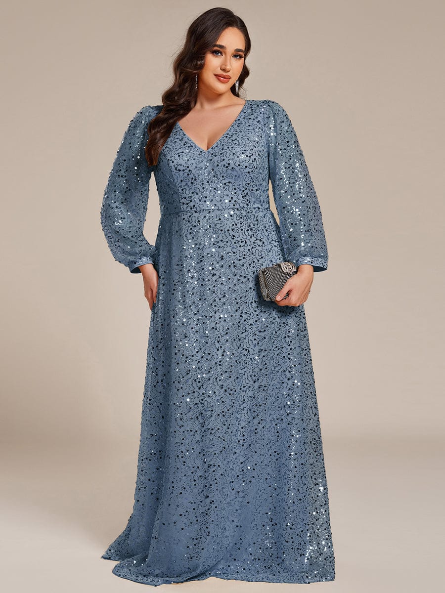 V-Neck Lantern Long Sleeve Sequin A-Line Evening Dress #color_Dusty Navy