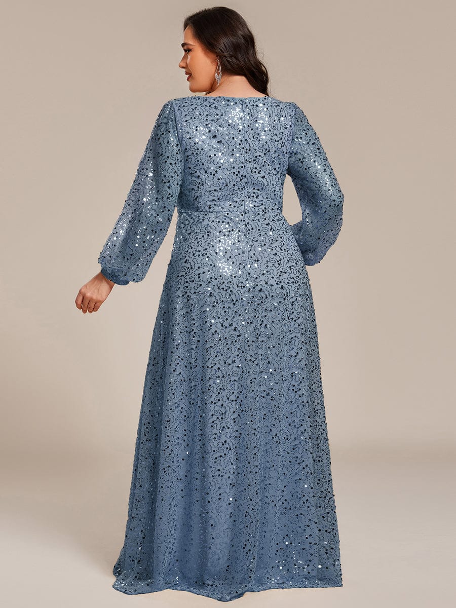 V-Neck Lantern Long Sleeve Sequin A-Line Evening Dress #color_Dusty Navy