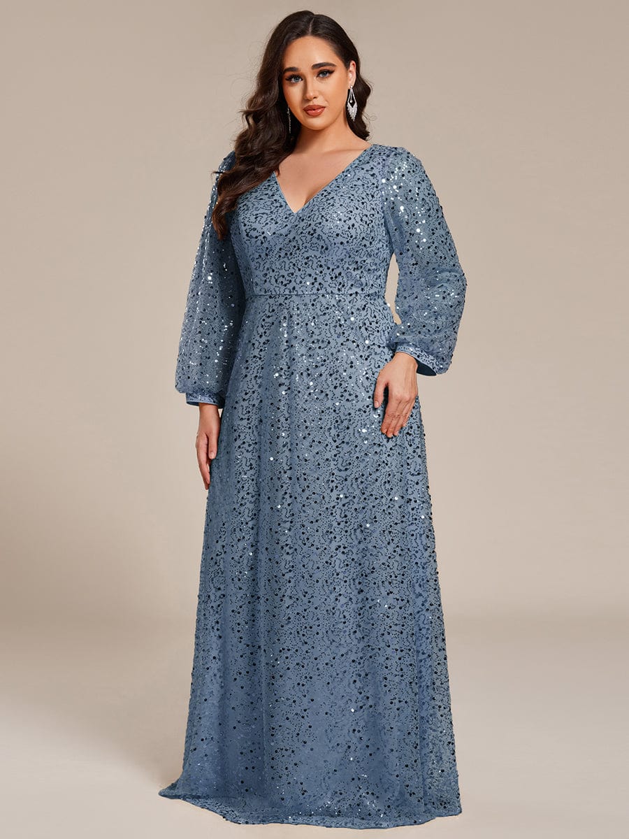 V-Neck Lantern Long Sleeve Sequin A-Line Evening Dress #color_Dusty Navy