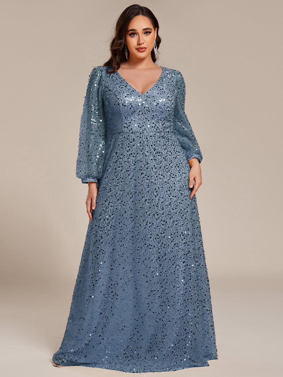 V-Neck Lantern Long Sleeve Sequin A-Line Evening Dress #color_Dusty Navy