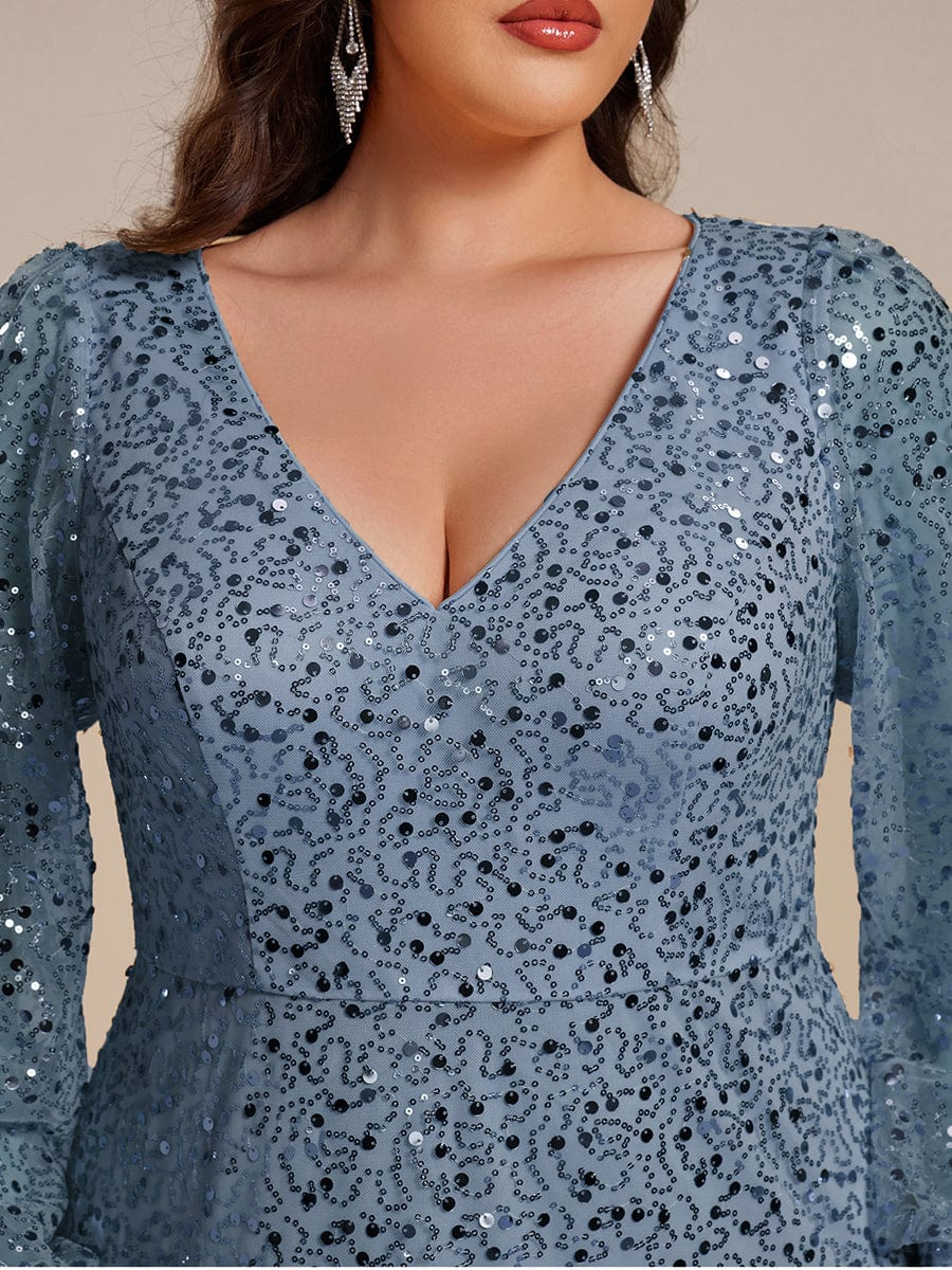 V-Neck Lantern Long Sleeve Sequin A-Line Evening Dress #color_Dusty Navy