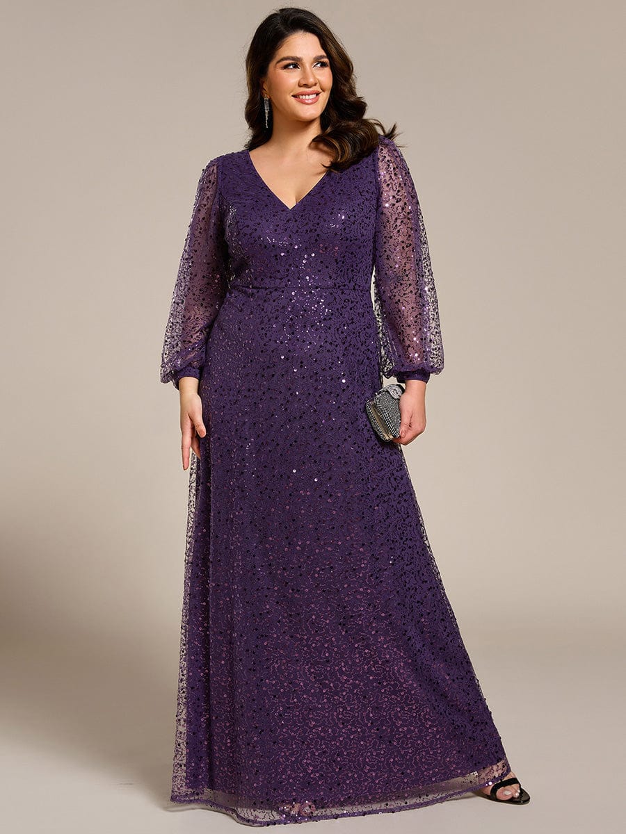 V-Neck Lantern Long Sleeve Sequin A-Line Evening Dress #color_Dark Purple