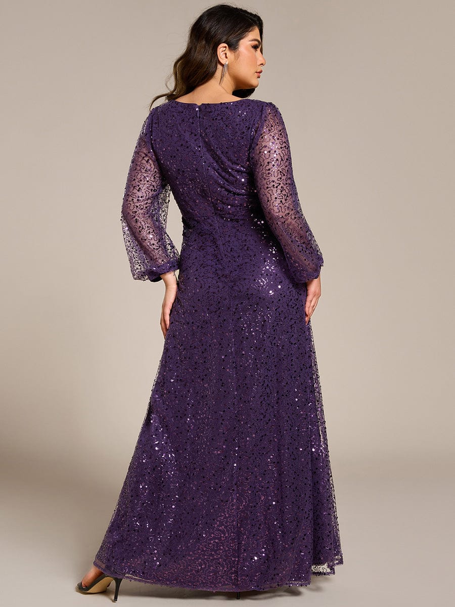 V-Neck Lantern Long Sleeve Sequin A-Line Evening Dress #color_Dark Purple