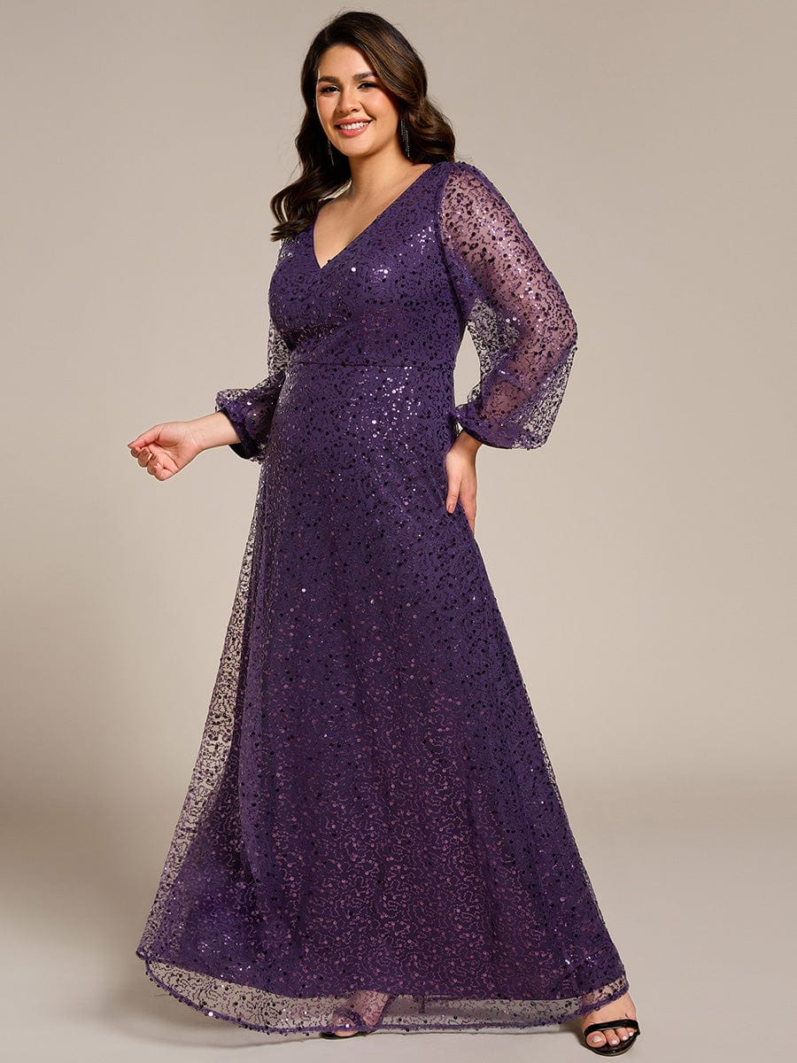 V-Neck Lantern Long Sleeve Sequin A-Line Evening Dress #color_Dark Purple