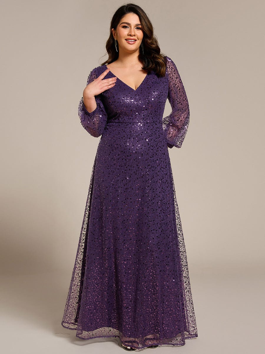 V-Neck Lantern Long Sleeve Sequin A-Line Evening Dress #color_Dark Purple