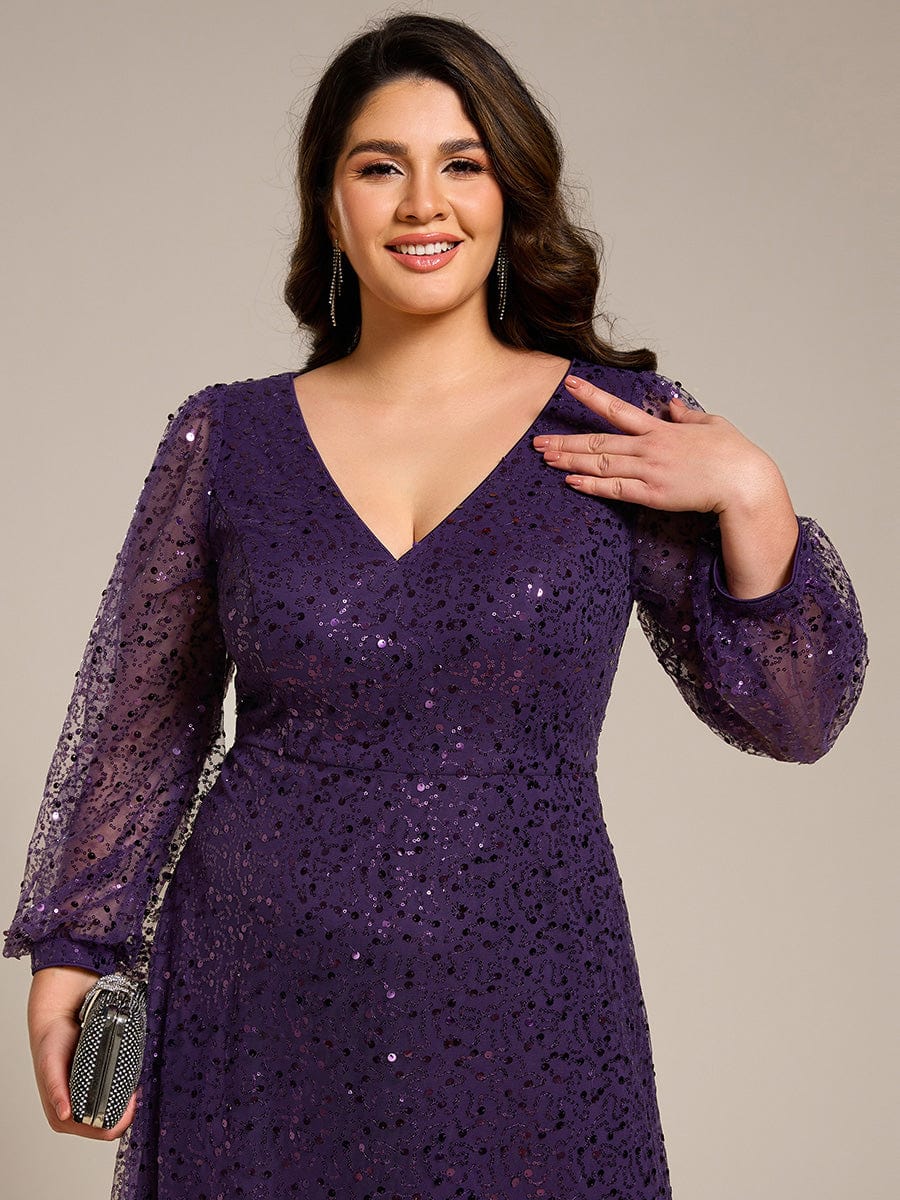 V-Neck Lantern Long Sleeve Sequin A-Line Evening Dress #color_Dark Purple