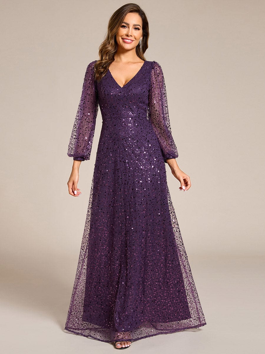 V-Neck Lantern Long Sleeve Sequin A-Line Evening Dress #color_Dark Purple