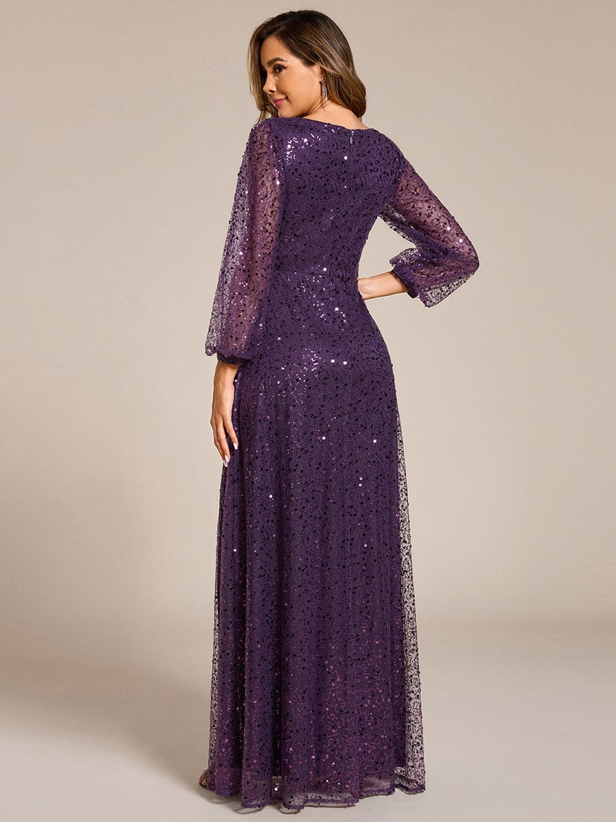 V-Neck Lantern Long Sleeve Sequin A-Line Evening Dress #color_Dark Purple