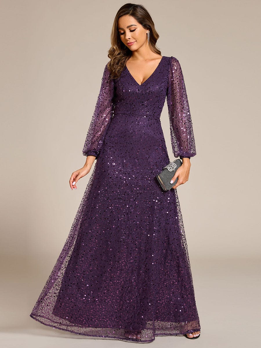 V-Neck Lantern Long Sleeve Sequin A-Line Evening Dress #color_Dark Purple