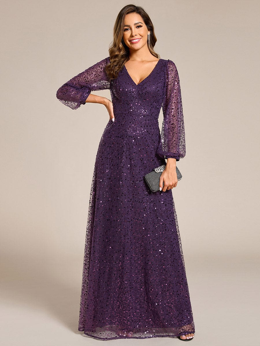 V-Neck Lantern Long Sleeve Sequin A-Line Evening Dress #color_Dark Purple