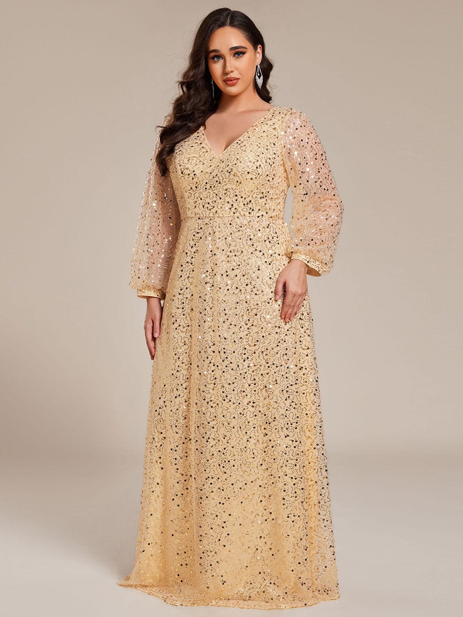 Plus Size V-Neck Lantern Long Sleeve Sequin A-Line Evening Dress #color_Gold