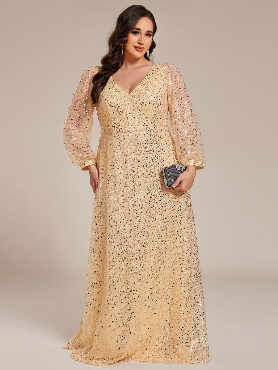 Plus Size V-Neck Lantern Long Sleeve Sequin A-Line Evening Dress #color_Gold