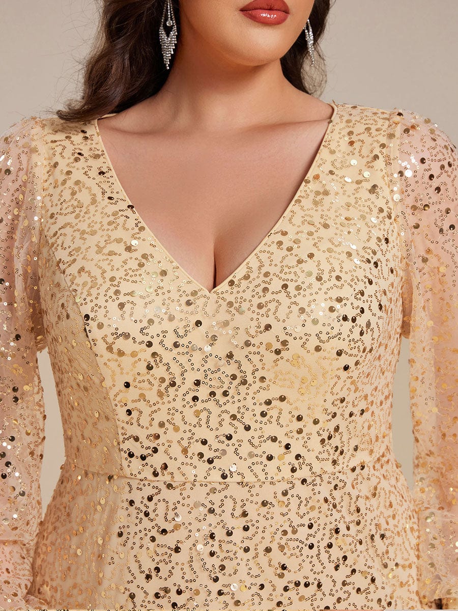 Plus Size V-Neck Lantern Long Sleeve Sequin A-Line Evening Dress #color_Gold