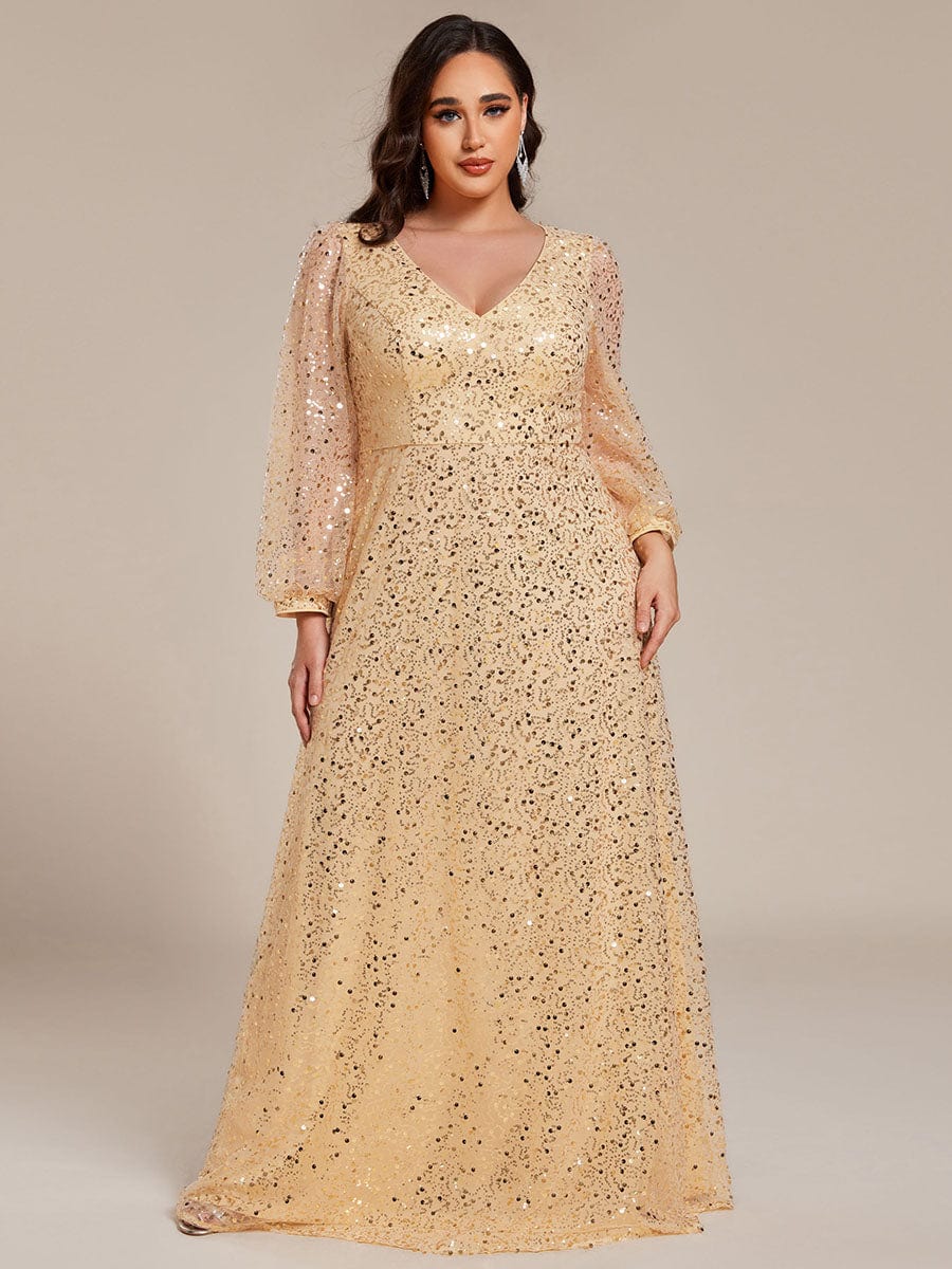 Plus Size V-Neck Lantern Long Sleeve Sequin A-Line Evening Dress #color_Gold