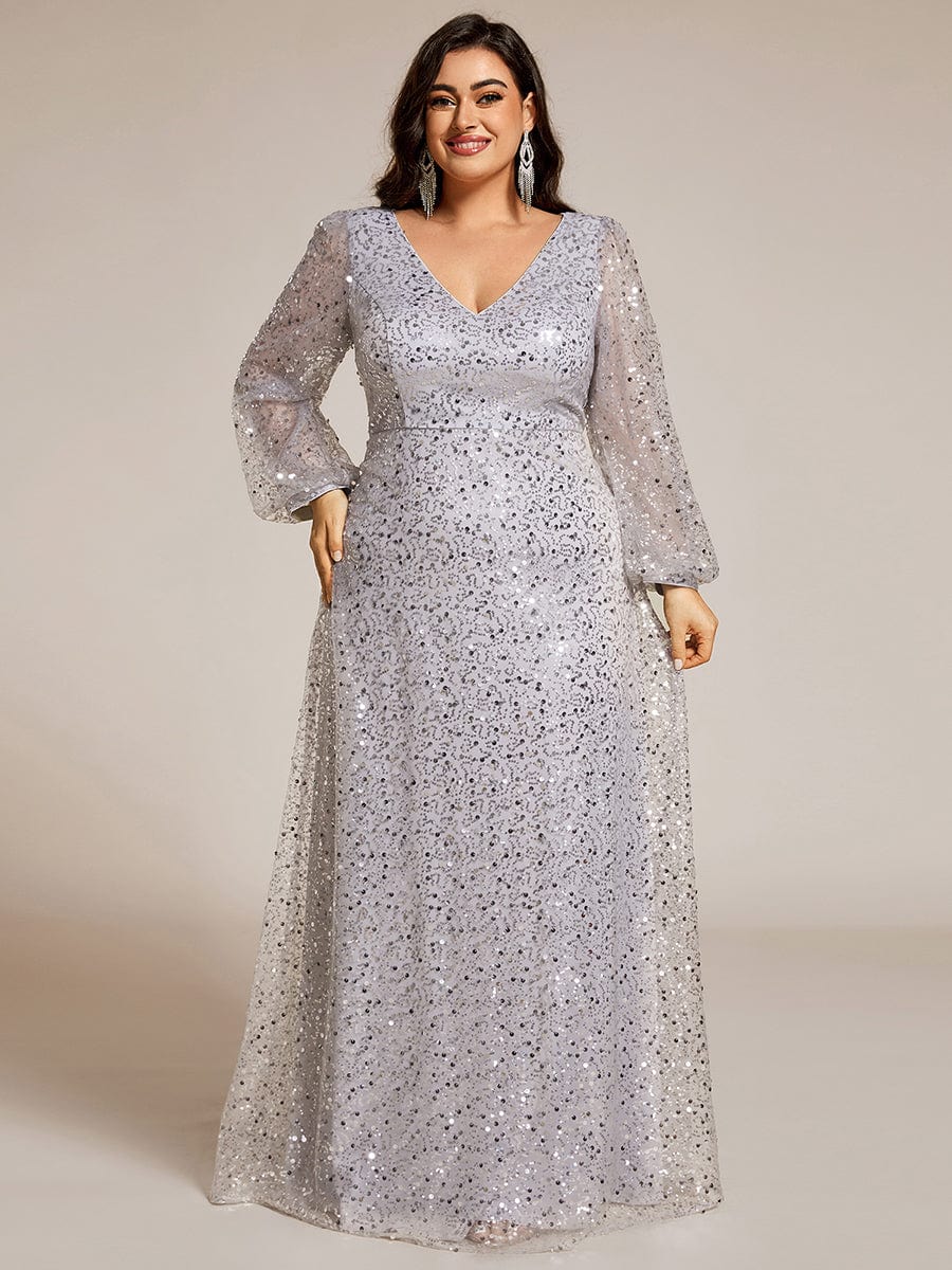 V-Neck Lantern Long Sleeve Sequin A-Line Evening Dress #color_Silver