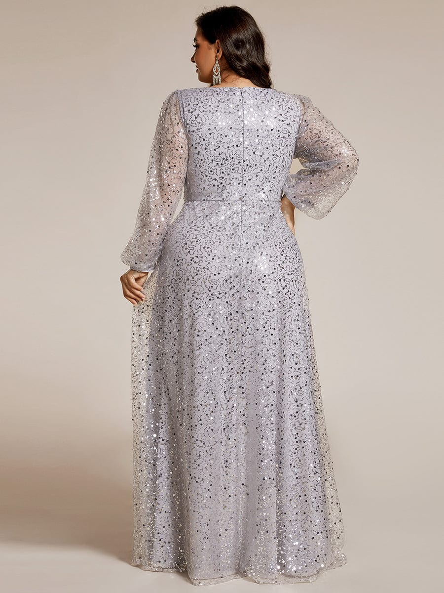 V-Neck Lantern Long Sleeve Sequin A-Line Evening Dress #color_Silver