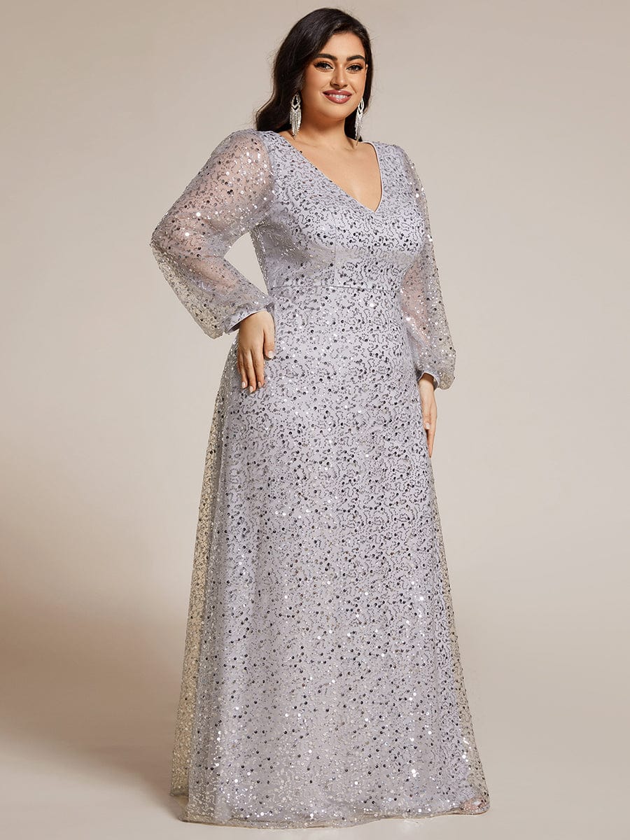 V-Neck Lantern Long Sleeve Sequin A-Line Evening Dress #color_Silver