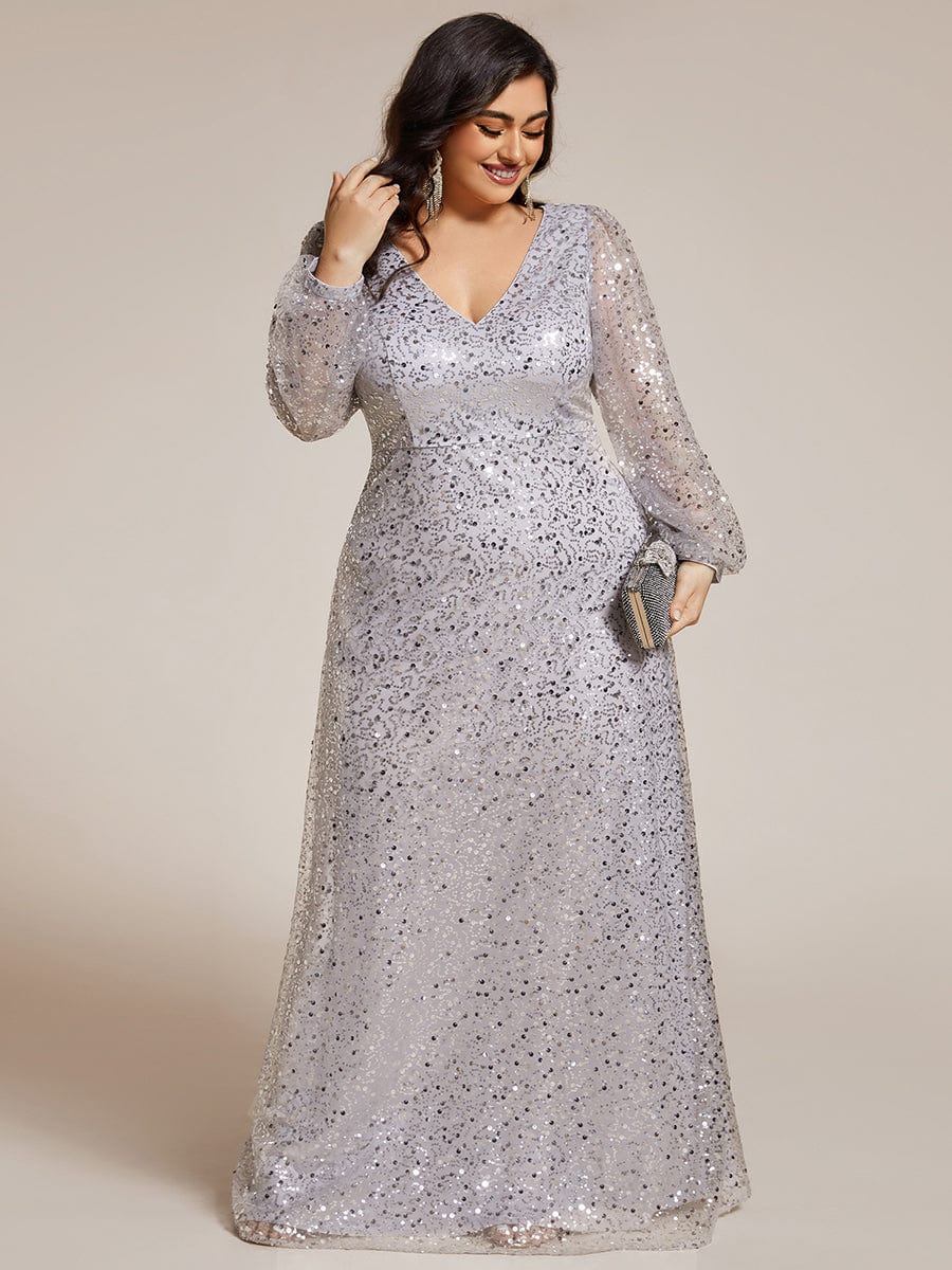 V-Neck Lantern Long Sleeve Sequin A-Line Evening Dress #color_Silver