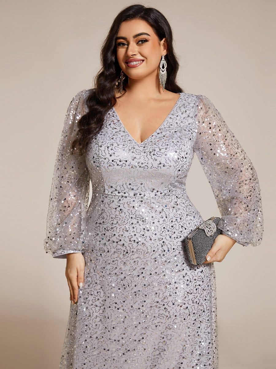 V-Neck Lantern Long Sleeve Sequin A-Line Evening Dress #color_Silver