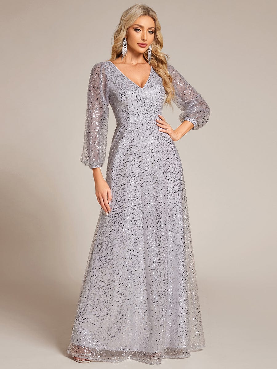 V-Neck Lantern Long Sleeve Sequin A-Line Evening Dress #color_Silver