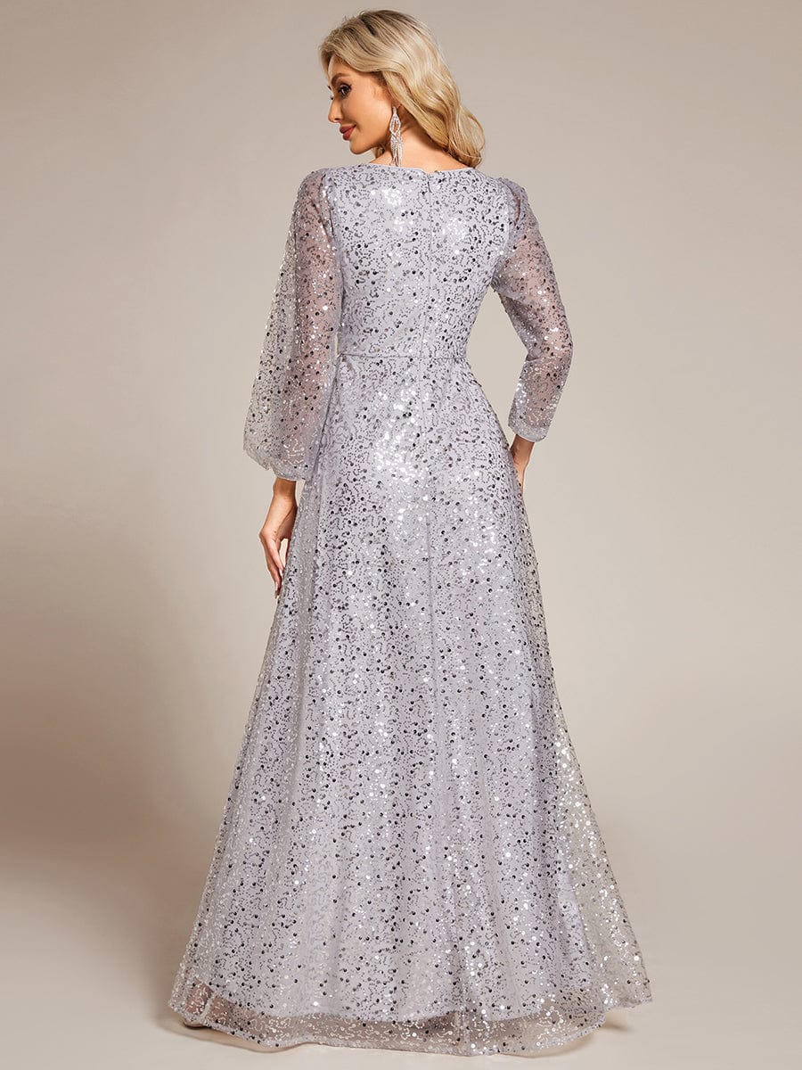 V-Neck Lantern Long Sleeve Sequin A-Line Evening Dress #color_Silver