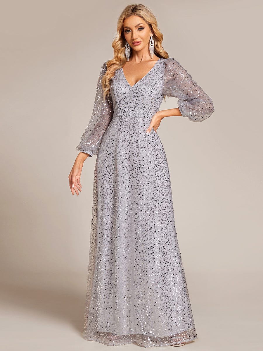 V-Neck Lantern Long Sleeve Sequin A-Line Evening Dress #color_Silver