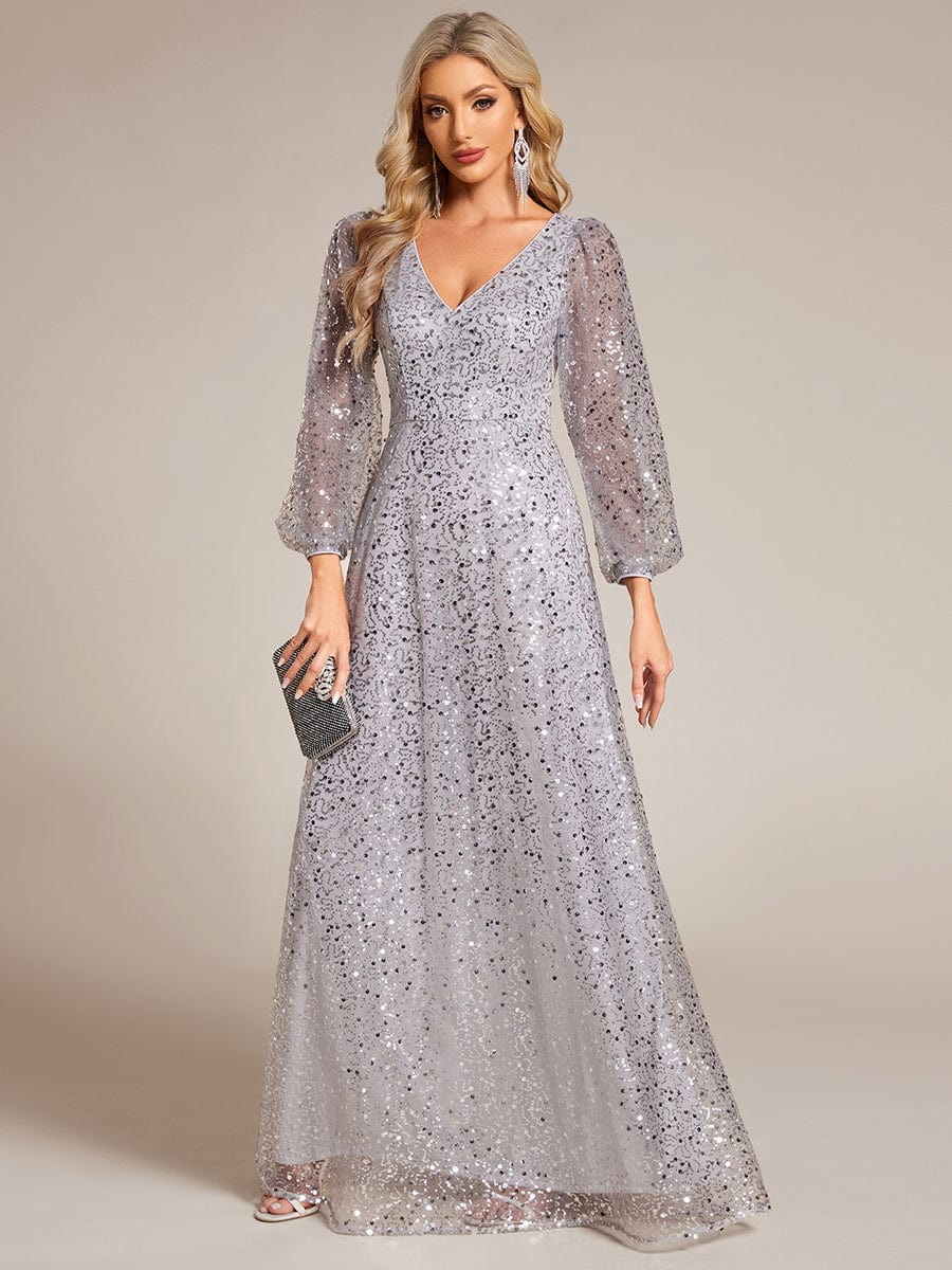 V-Neck Lantern Long Sleeve Sequin A-Line Evening Dress #color_Silver