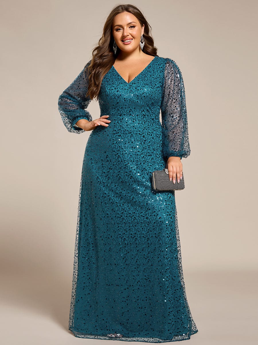 V-Neck Lantern Long Sleeve Sequin A-Line Evening Dress #color_Teal