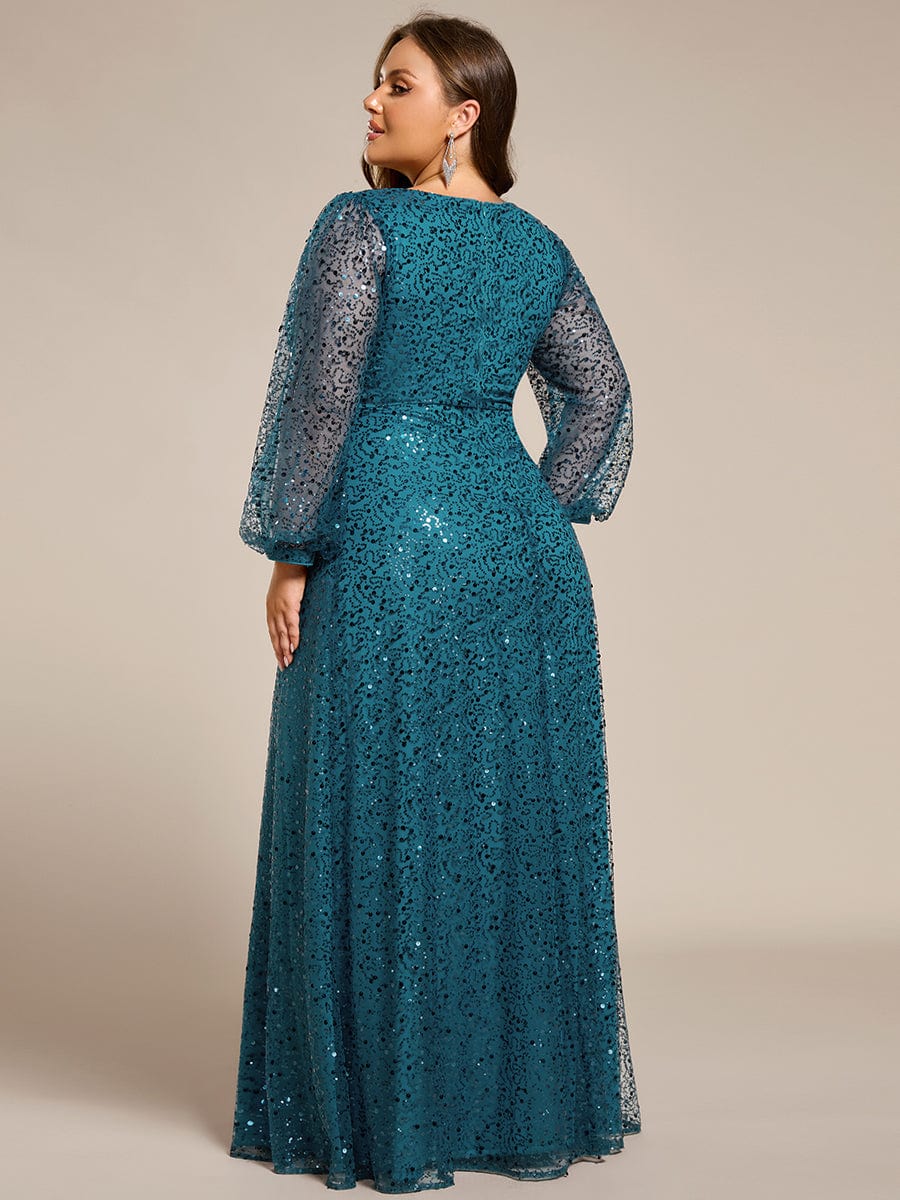 V-Neck Lantern Long Sleeve Sequin A-Line Evening Dress #color_Teal