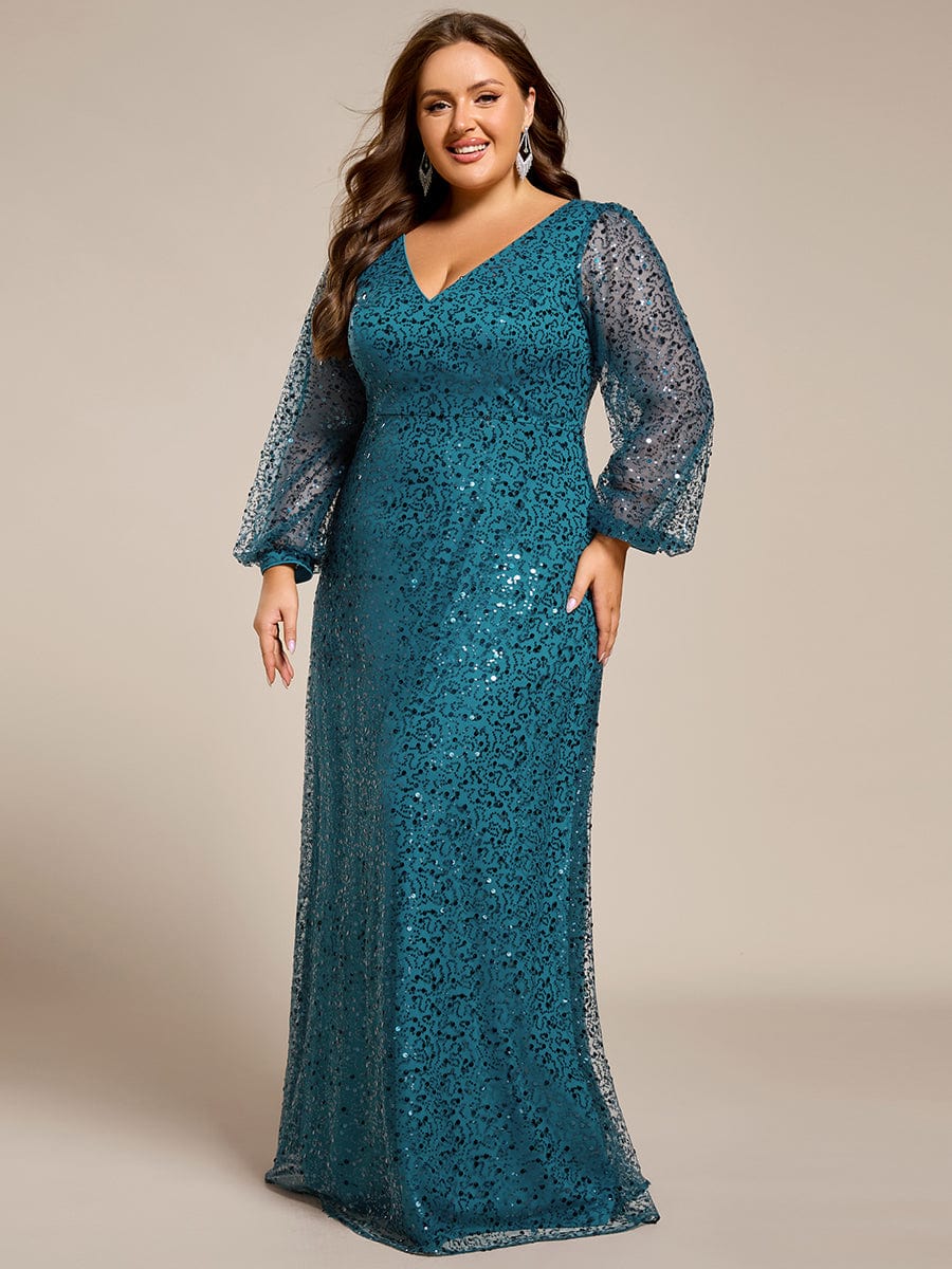 V-Neck Lantern Long Sleeve Sequin A-Line Evening Dress #color_Teal