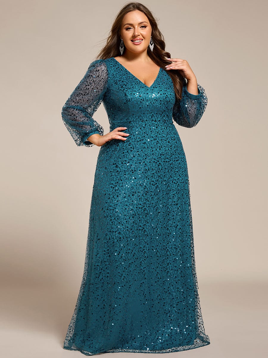 V-Neck Lantern Long Sleeve Sequin A-Line Evening Dress #color_Teal