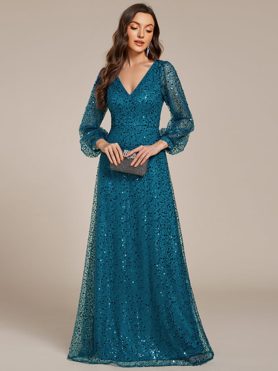 V-Neck Lantern Long Sleeve Sequin A-Line Evening Dress #color_Teal