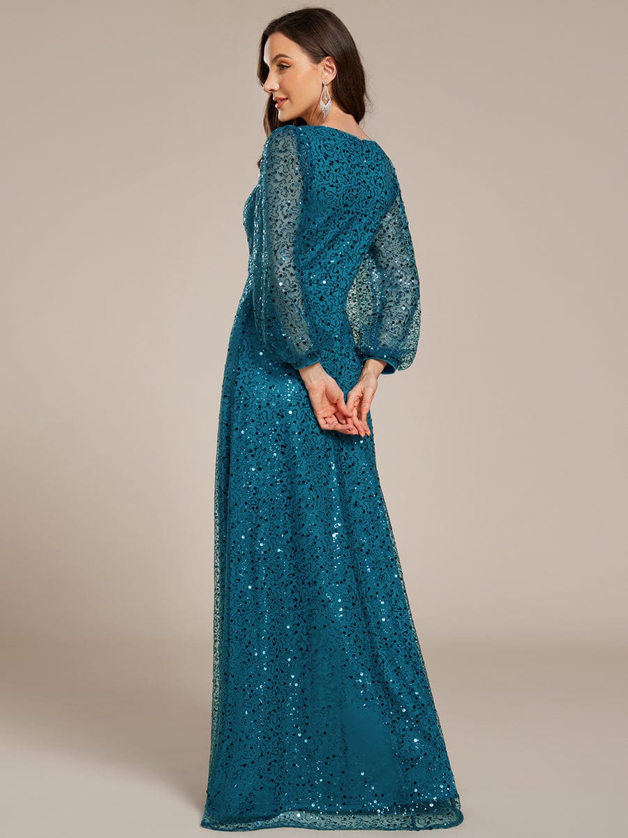 V-Neck Lantern Long Sleeve Sequin A-Line Evening Dress #color_Teal