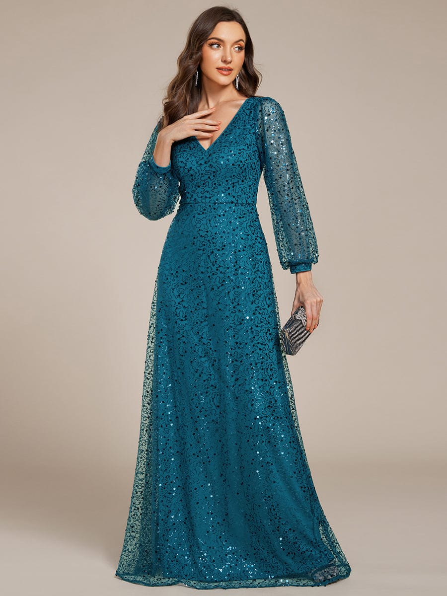 V-Neck Lantern Long Sleeve Sequin A-Line Evening Dress #color_Teal