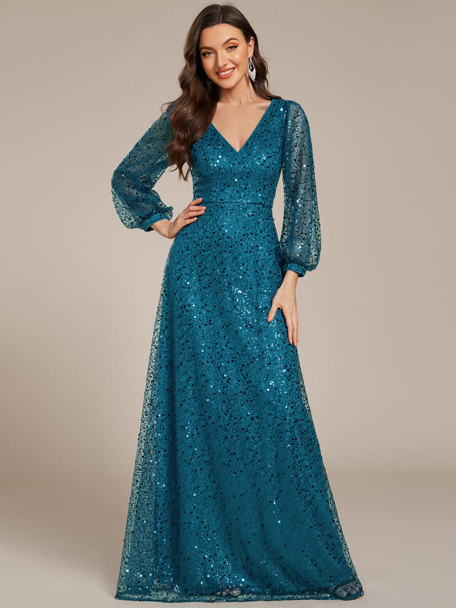 V-Neck Lantern Long Sleeve Sequin A-Line Evening Dress #color_Teal