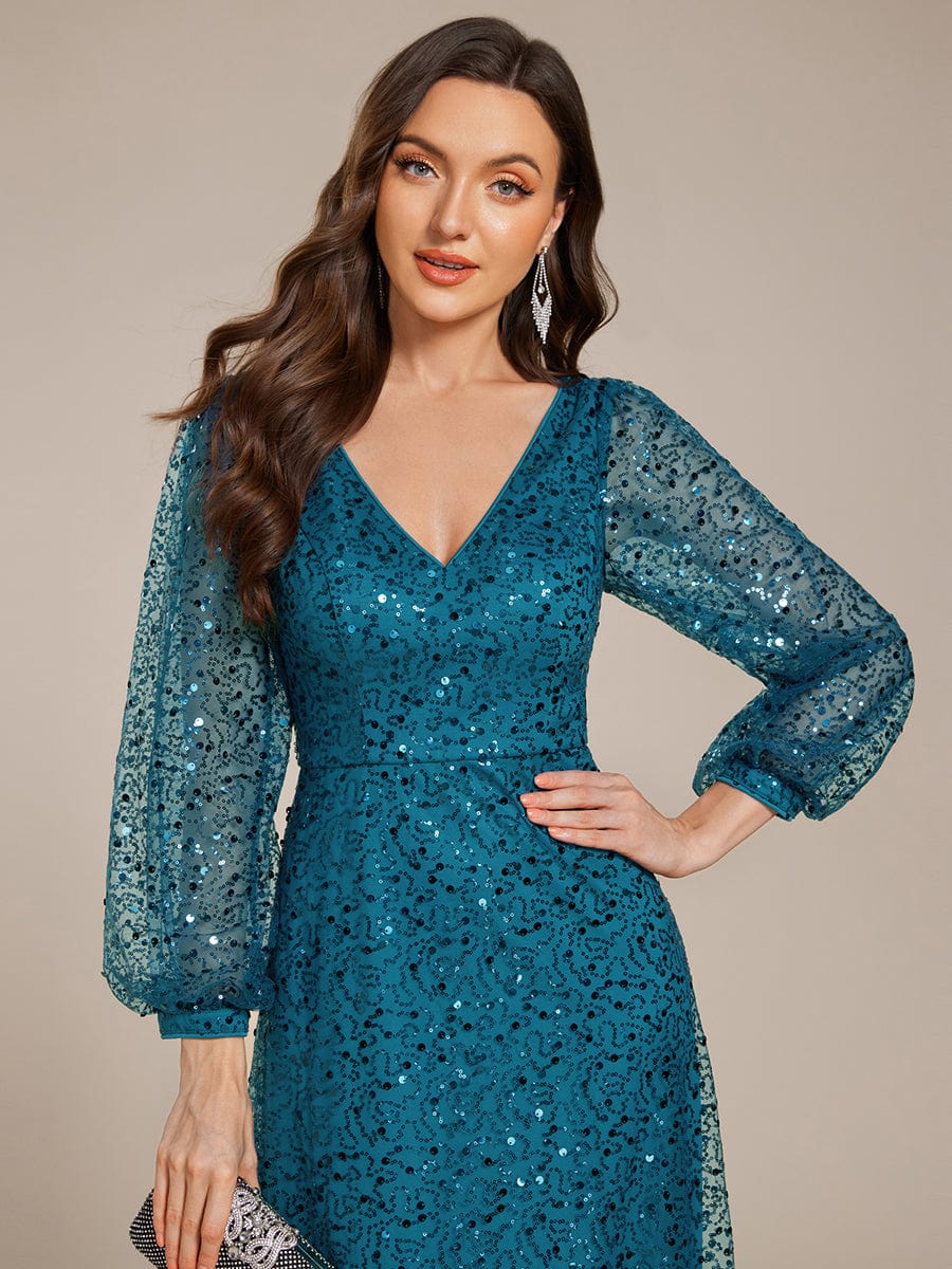 V-Neck Lantern Long Sleeve Sequin A-Line Evening Dress #color_Teal