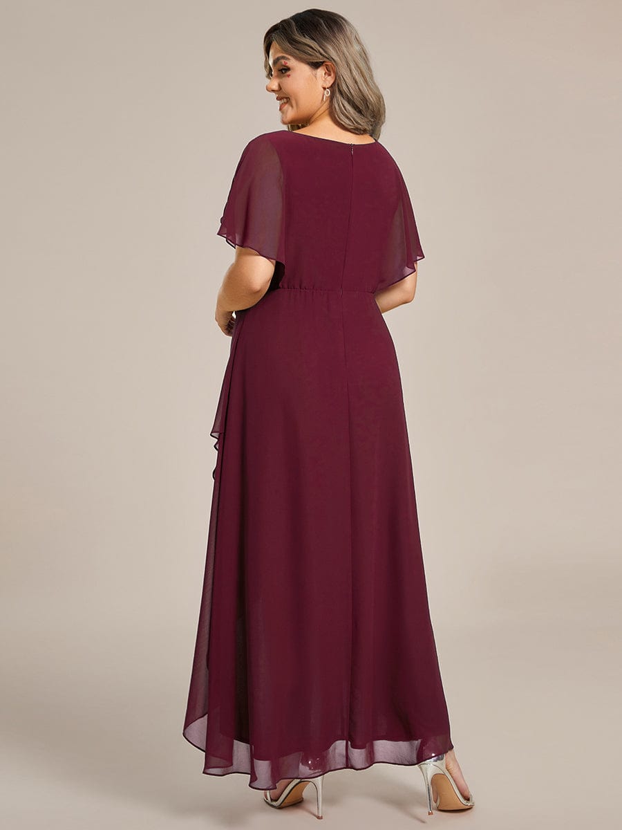 Plus Size Waist Applique A-Line Chiffon V-Neck Evening Dress #color_Burgundy