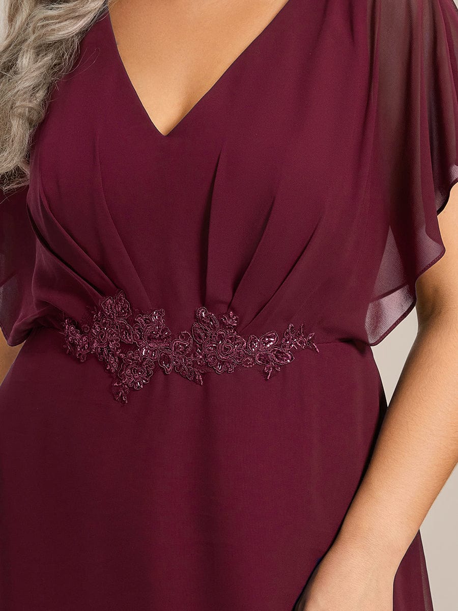 Waist Applique A-Line Chiffon V-Neck Evening Dress #color_Burgundy