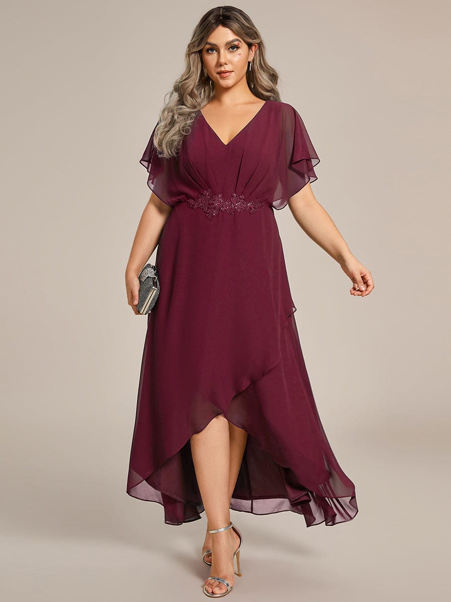 Plus Size Waist Applique A-Line Chiffon V-Neck Evening Dress #color_Burgundy