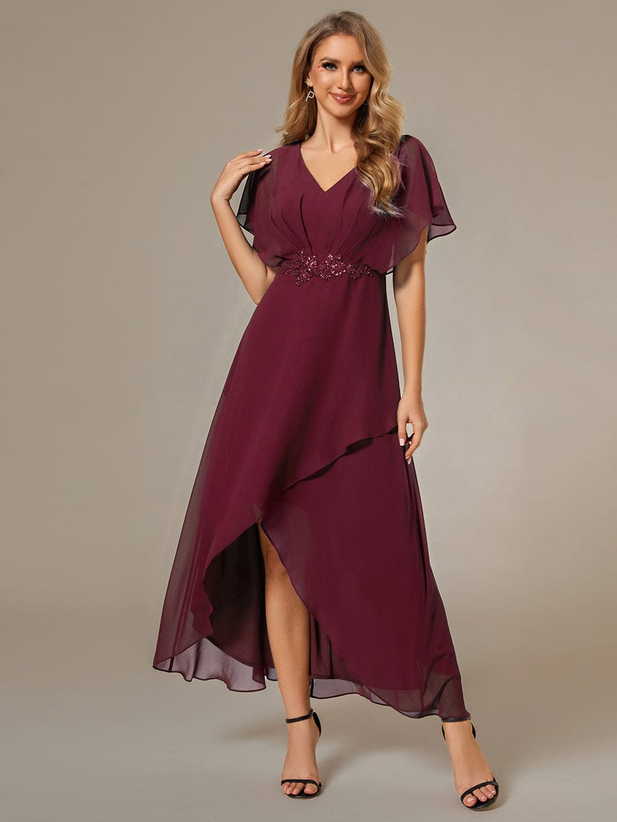 Waist Applique A-Line Chiffon V-Neck Evening Dress #color_Burgundy