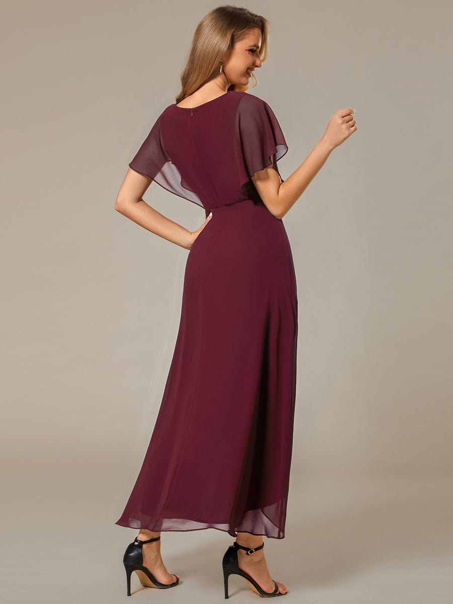 Waist Applique A-Line Chiffon V-Neck Evening Dress #color_Burgundy