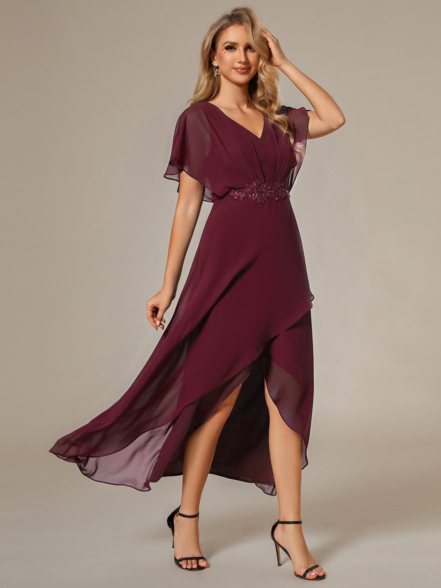 Waist Applique A-Line Chiffon V-Neck Evening Dress #color_Burgundy