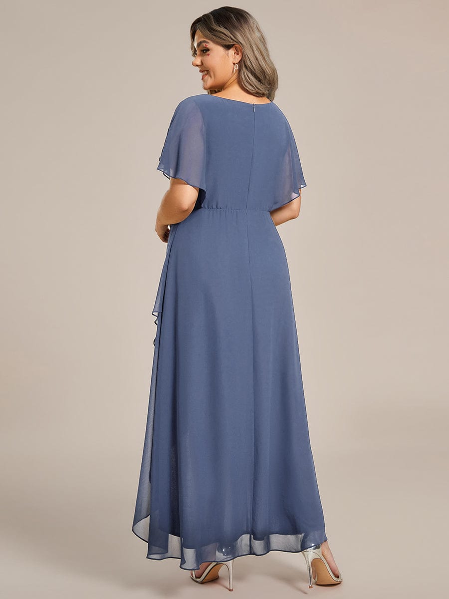 Waist Applique A-Line Chiffon V-Neck Evening Dress #color_Dusty Blue