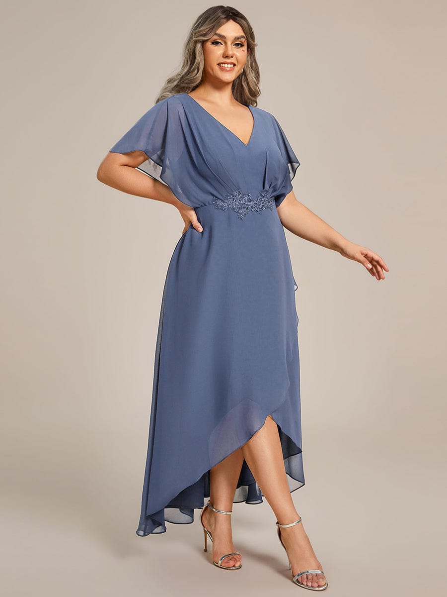 Plus Size Waist Applique A-Line Chiffon V-Neck Evening Dress #color_Dusty Navy