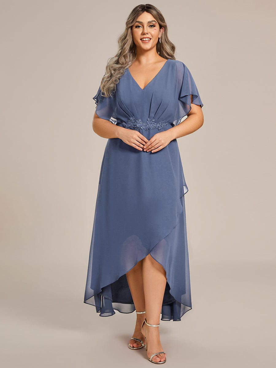 Plus Size Waist Applique A-Line Chiffon V-Neck Evening Dress #color_Dusty Navy