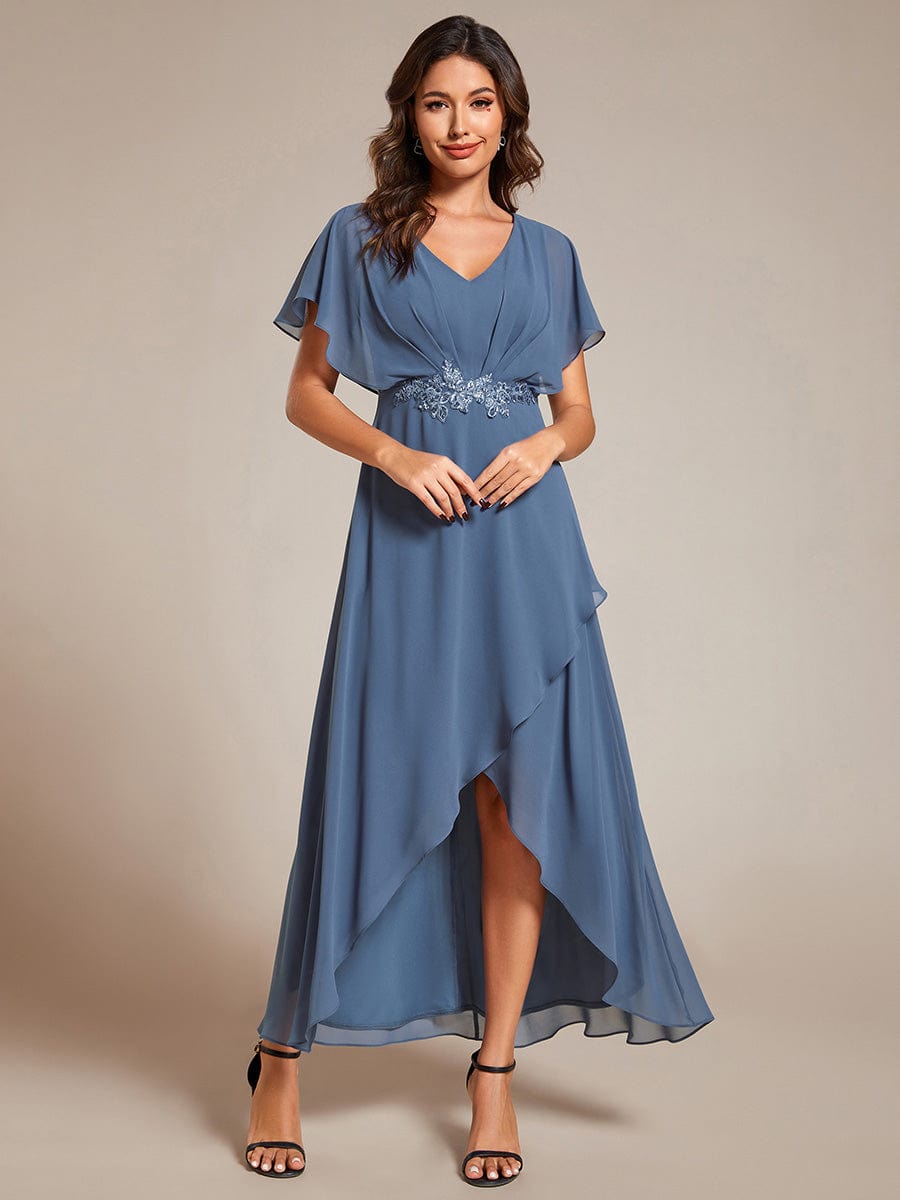 Waist Applique A-Line Chiffon V-Neck Evening Dress #color_Dusty Blue