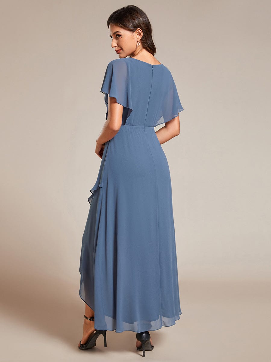 Waist Applique A-Line Chiffon V-Neck Evening Dress #color_Dusty Blue